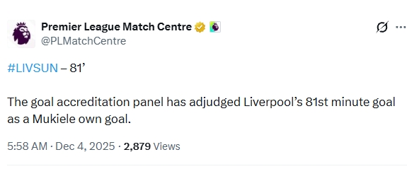 维尔茨还得再等！英超官方：利物浦扳平球被认定为穆基勒乌龙球